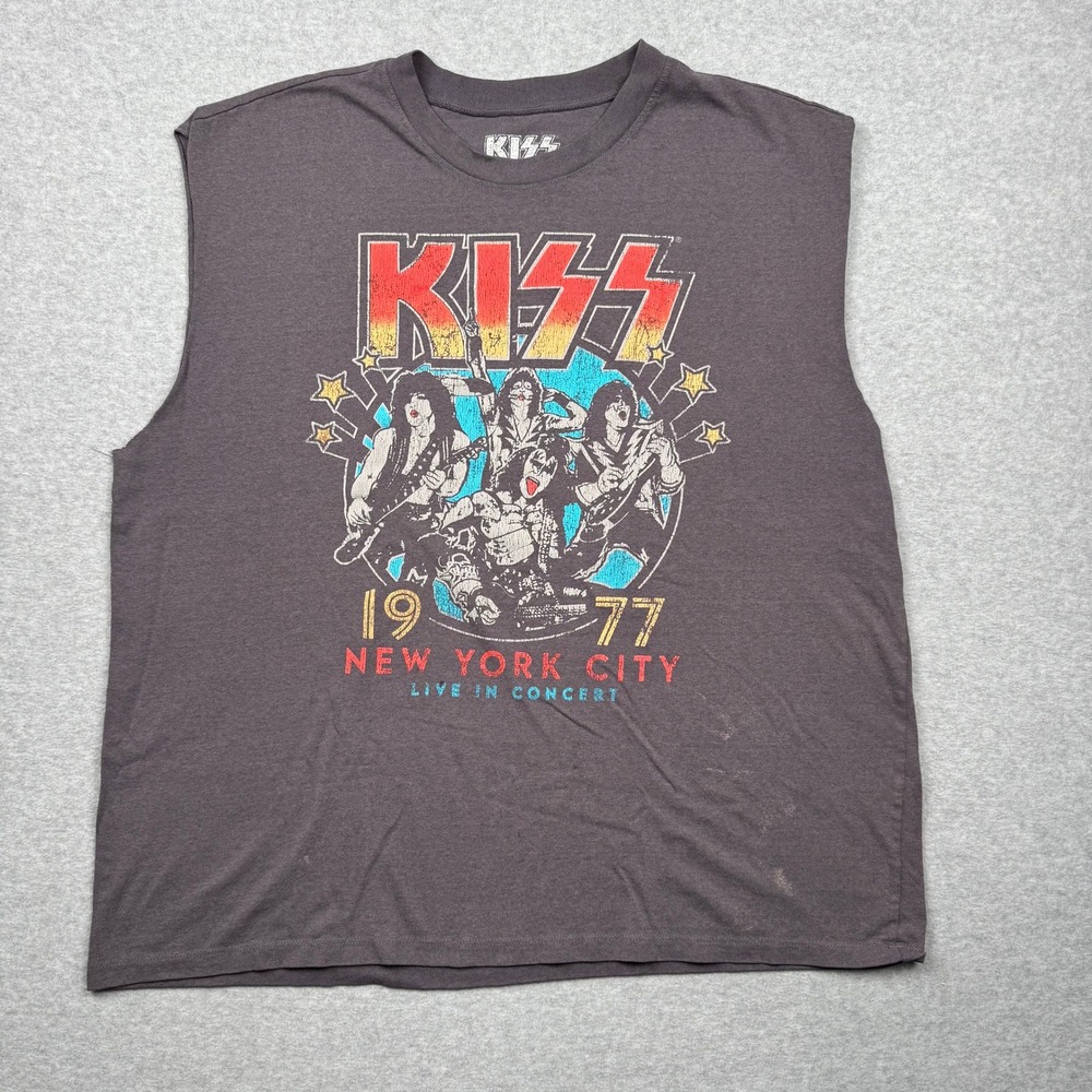 KISS 1977 New York City Live In Concert Graphic Muscle Tee Charcoal Gray XL
